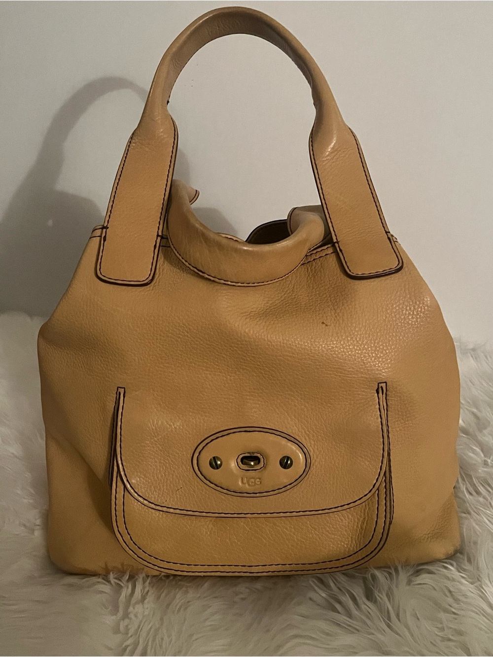 UGG Tan Pebbled Leather Shoulder Bag with Turn-Lock Detail